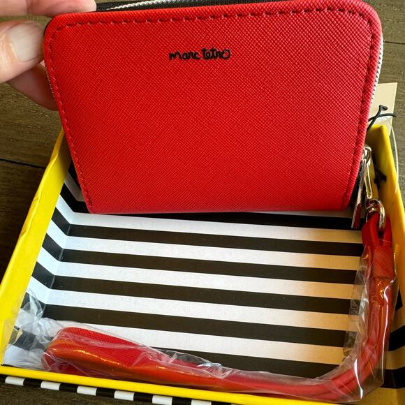 Marc Tetro Red Frenchie NWT Box and in Polly Wristlet Wallet Striped Interior - Picture 4 of 9